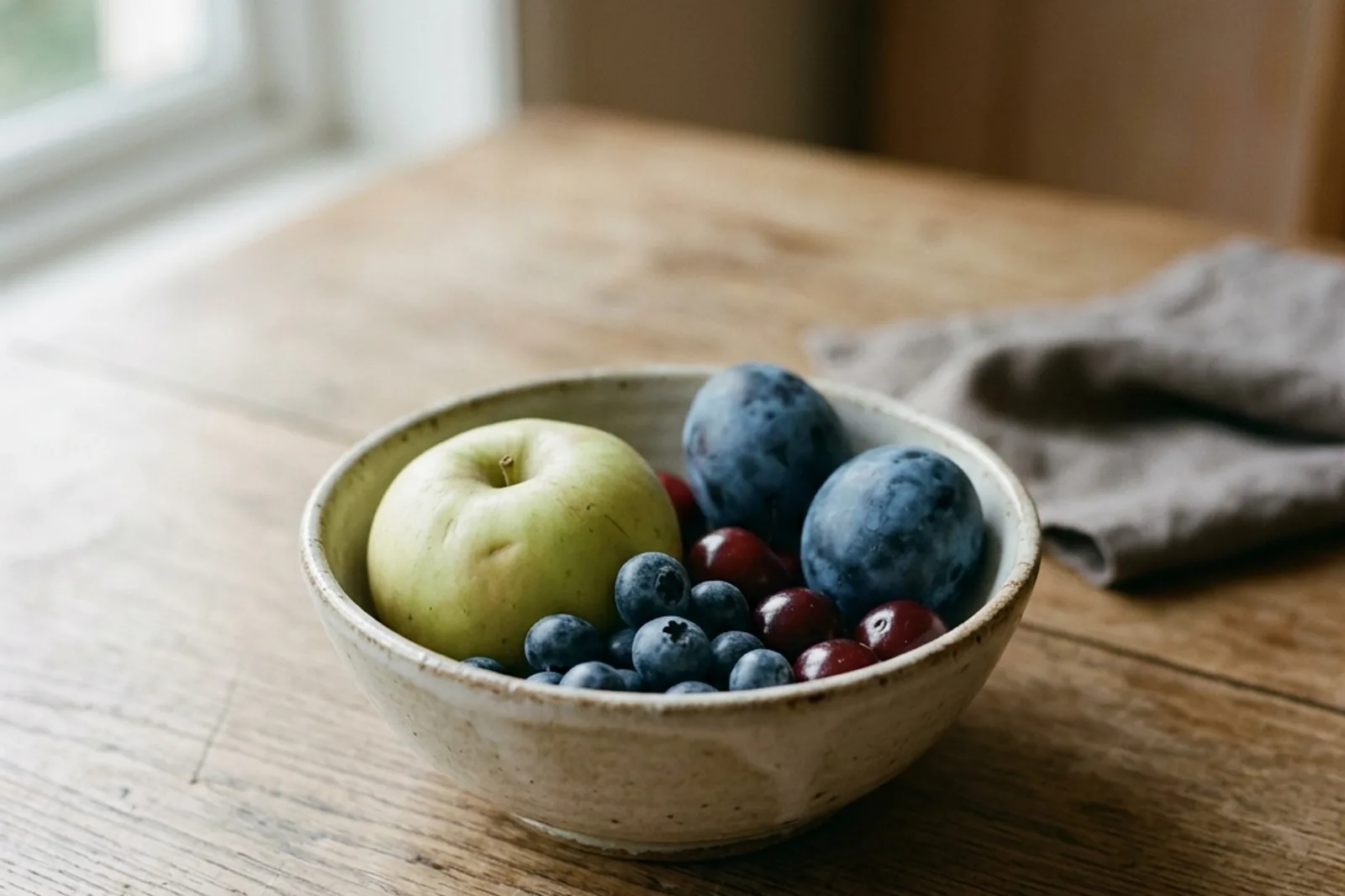 A ceramic bowl of colourful fresh fruit on a plain wooden table in soft daylight.
